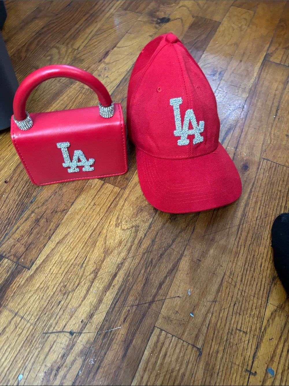 Kids Red LA Rhinestone Baseball Cap and Mini Handbag Set